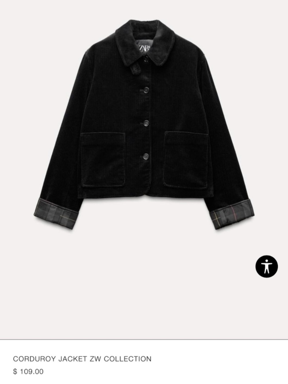 Zara Corduroy Jacket with Tartan Lining Size Medium